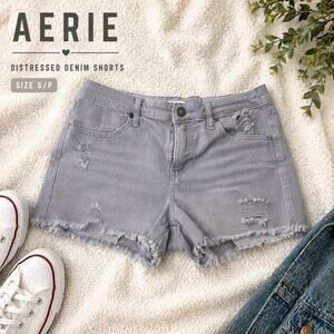 Aerie Gray Distressed Denim Shorts Women’s Small Stretch Raw Hem Casual Trendy